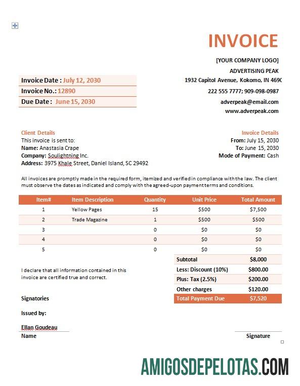 imprimível Modelo de fatura de empresa de publicidade